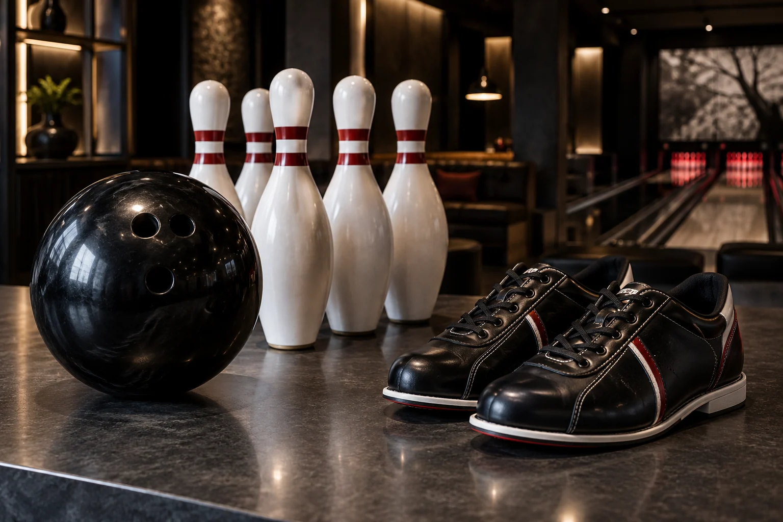 Illustrative arrangement of a bowling ball, pins and bowling shoes on a dark counter