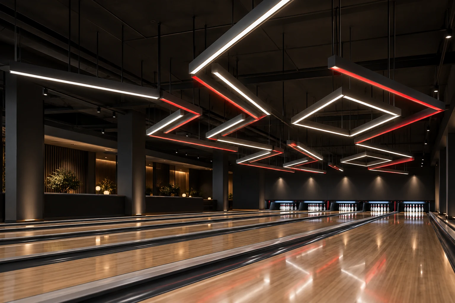 Illustrative geometric red and white LED lighting suspended above bowling lanes