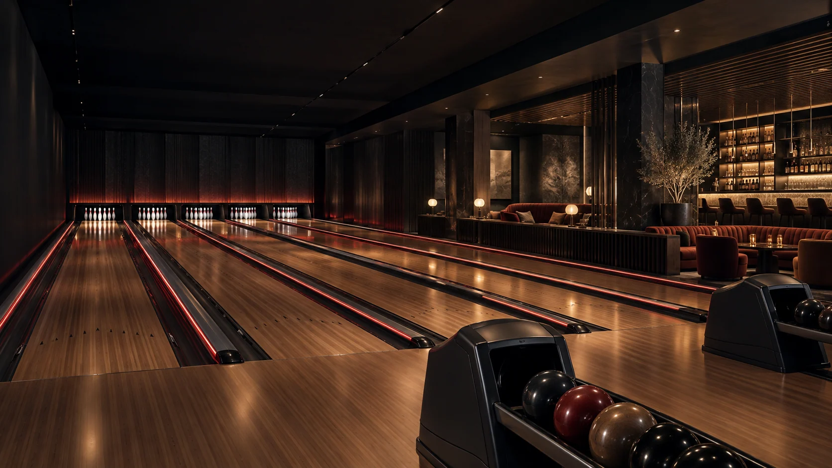 Illustrative bowling venue with illuminated lanes, a lounge and precise red ceiling lighting